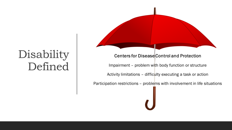 An umbrella graphic over the definition of disability from the Centers of Disease Control and Protection