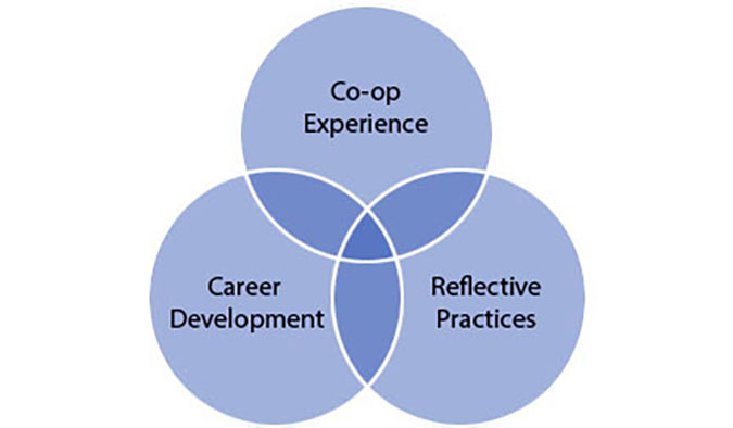 3 interconnected circles which shows that Co-op Experience, Career Development, and Reflective Practices are intertwined.